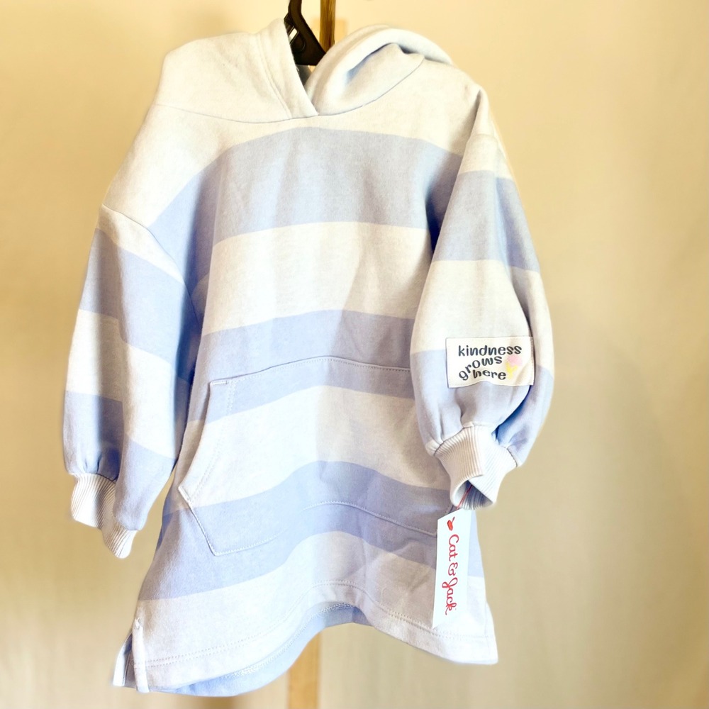 Cat & Jack Toddler Girls Blue White Striped Fleece Hoodie Dress 12M New